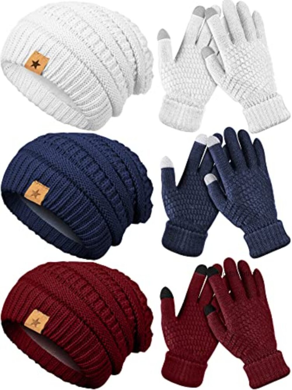 6-Piece Winter Hat & Touchscreen Glove Set for Women, Knit Beanie & Chenille